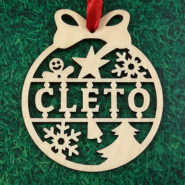 Palla in legno per albero di Natale con scritta Cleto